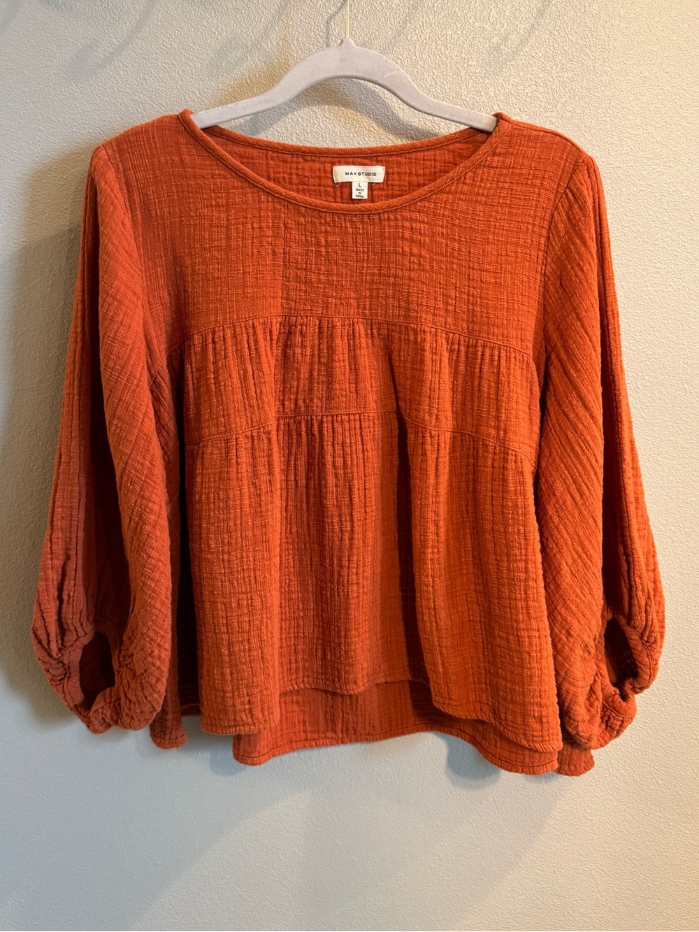 Max Studio Rust Orange 100% Cotton Gauze Textured Peasant Blouse